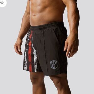 Born Primitive TRAINING SHORT in Thin Red Line American Flag Black Print